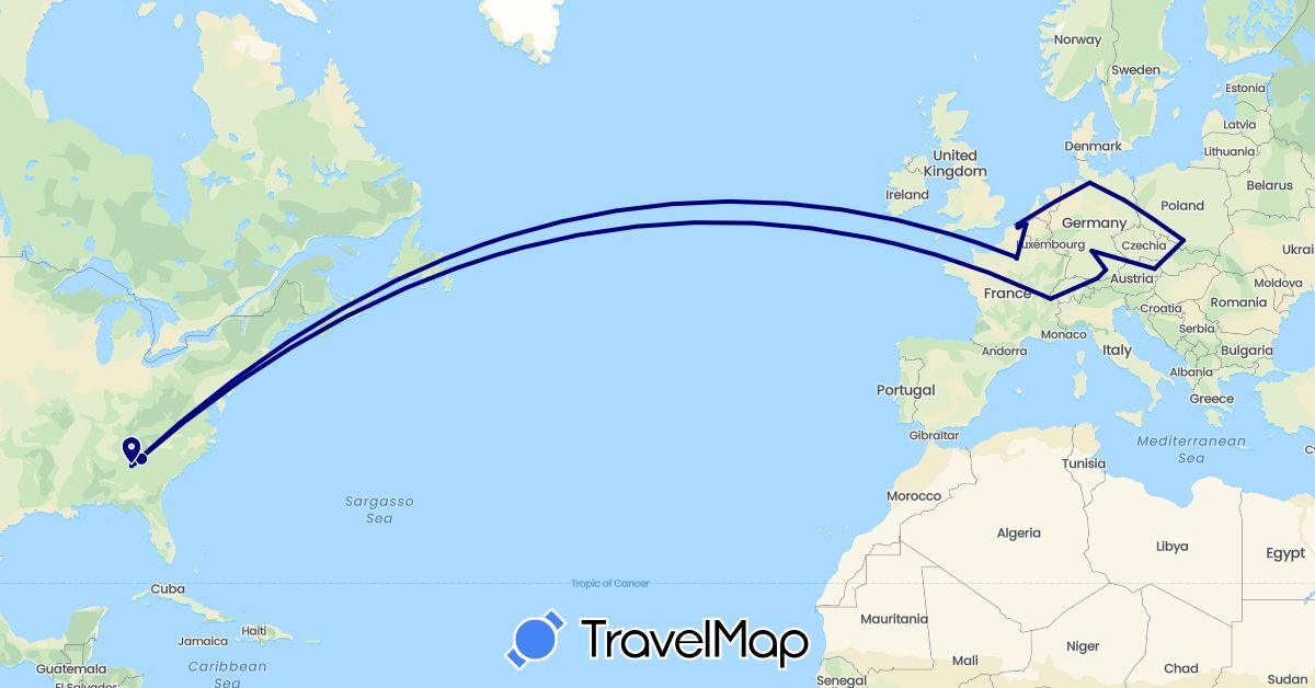 TravelMap itinerary: driving in Austria, Belgium, Switzerland, Germany, France, Poland, United States (Europe, North America)